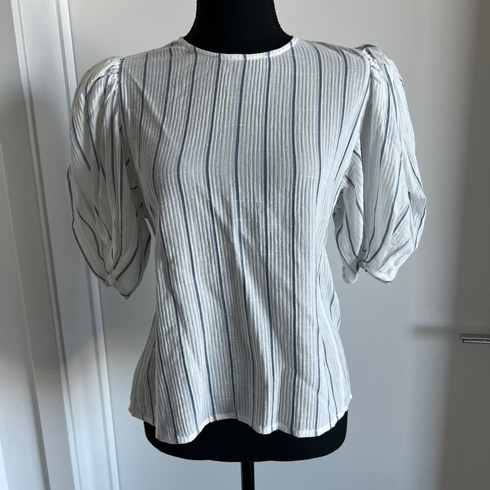 J Crew Puff Sleeve Top In Sheer Gauze Womens Small White Striped Flaw